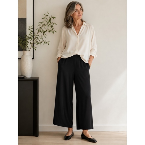 Eileen Fisher Pants - Eileen Fisher 100% Silk Black Wide Leg Cropped Trousers Side Zip Pants Size M